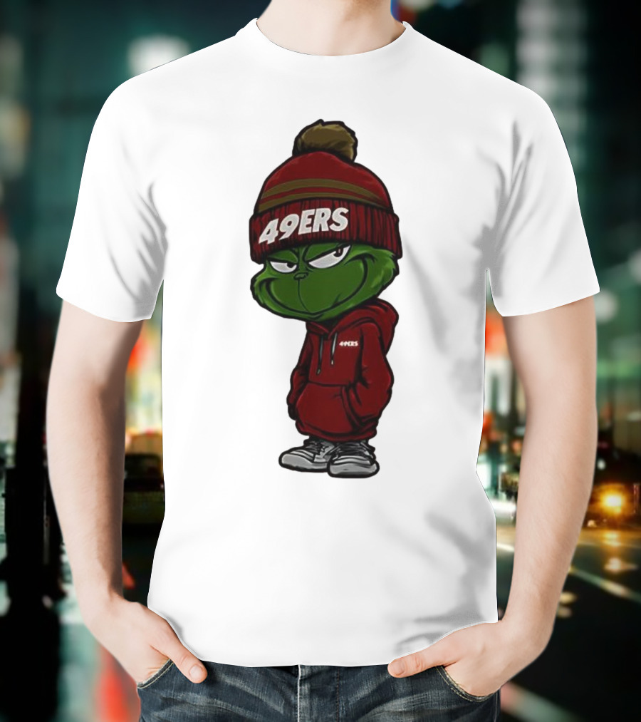 Grinch Wearing 49ers Beanie And San Francisco Football Crossover T-Shirt