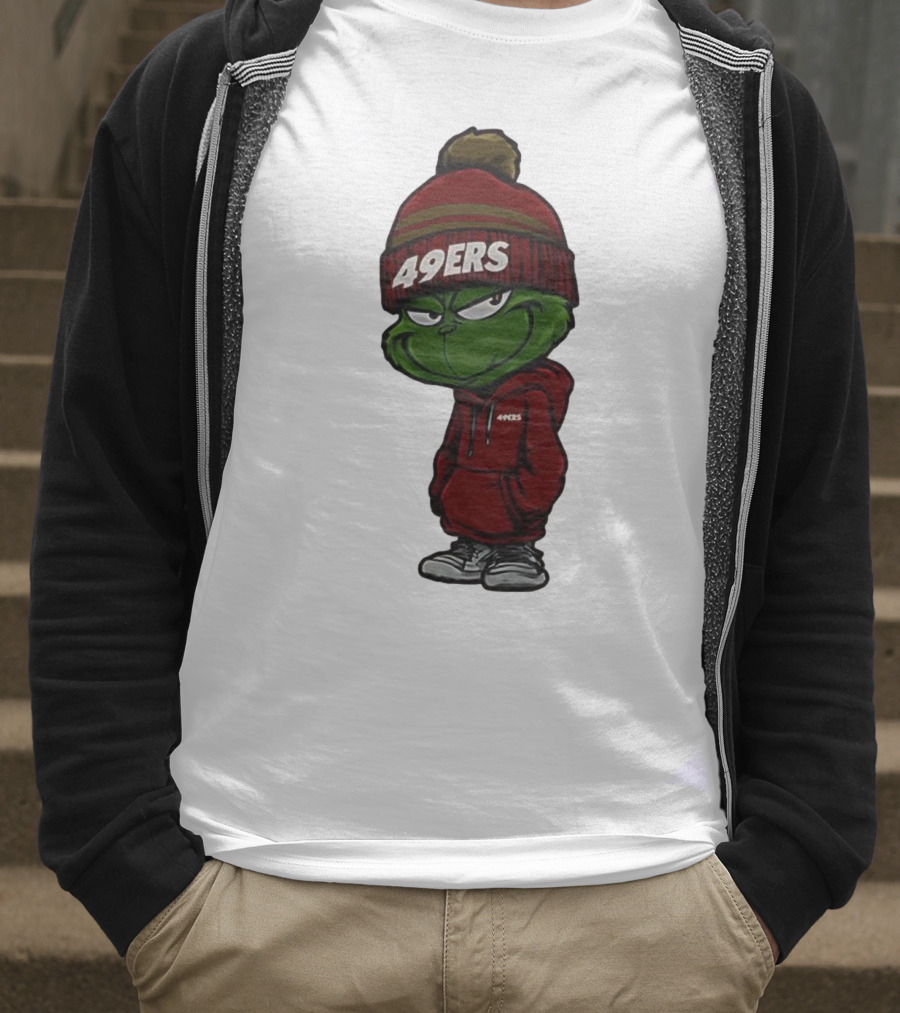 Grinch Wearing 49ers Beanie And San Francisco Football Crossover T-Shirt