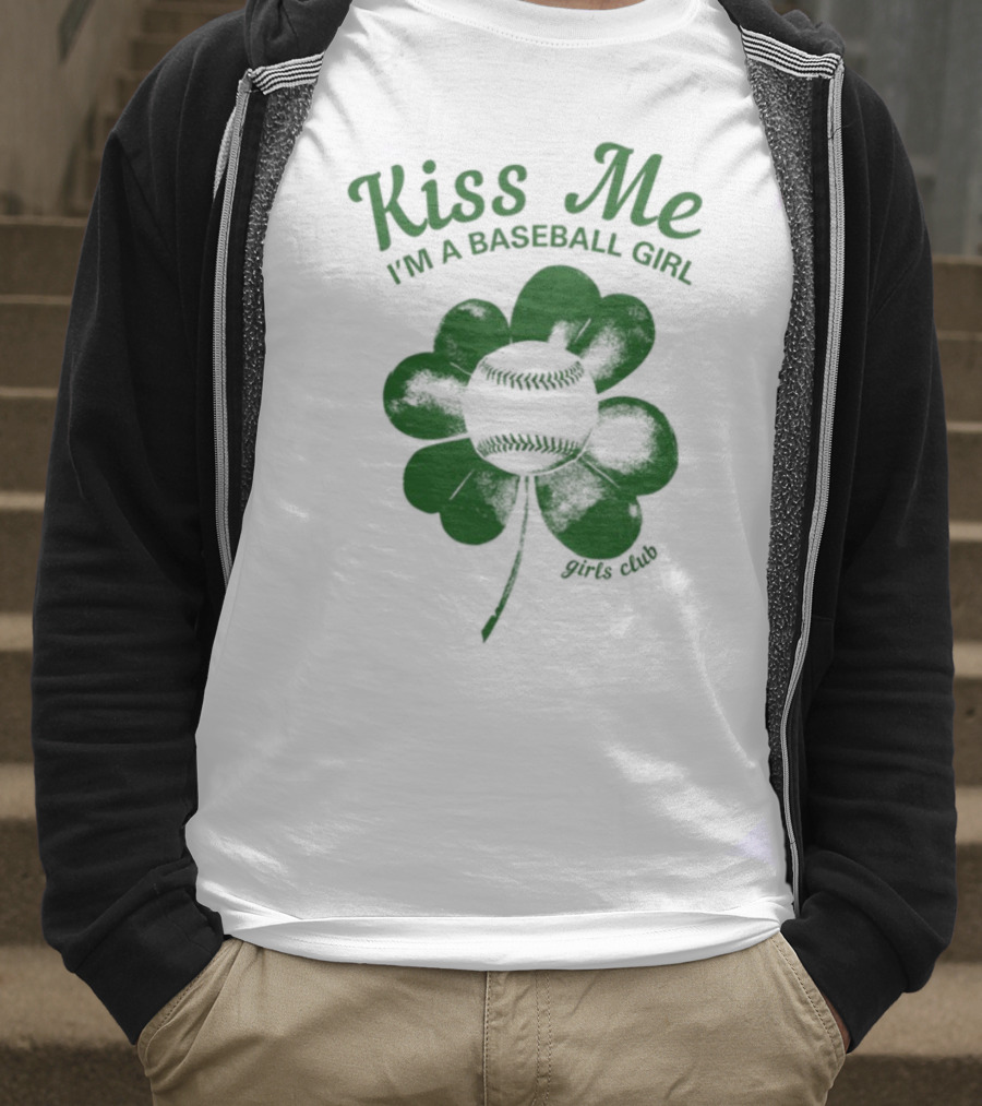 Kiss Me I'm A Baseball Girl Four Leaf Clover Stitch Lines T-Shirt