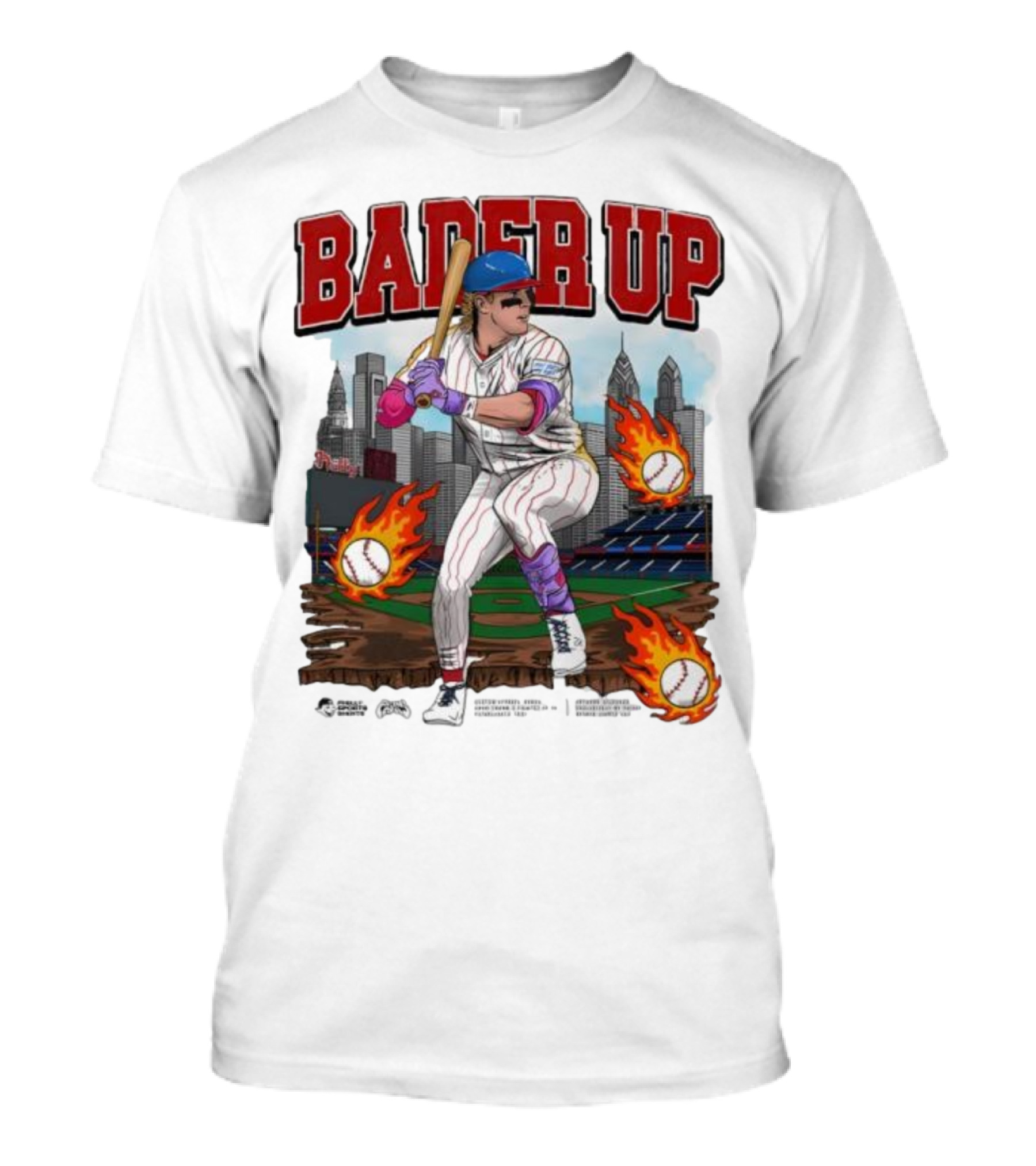 Bader Up Baseball Player Philadelphia Skyline And Flaming Baseballs T-Shirt