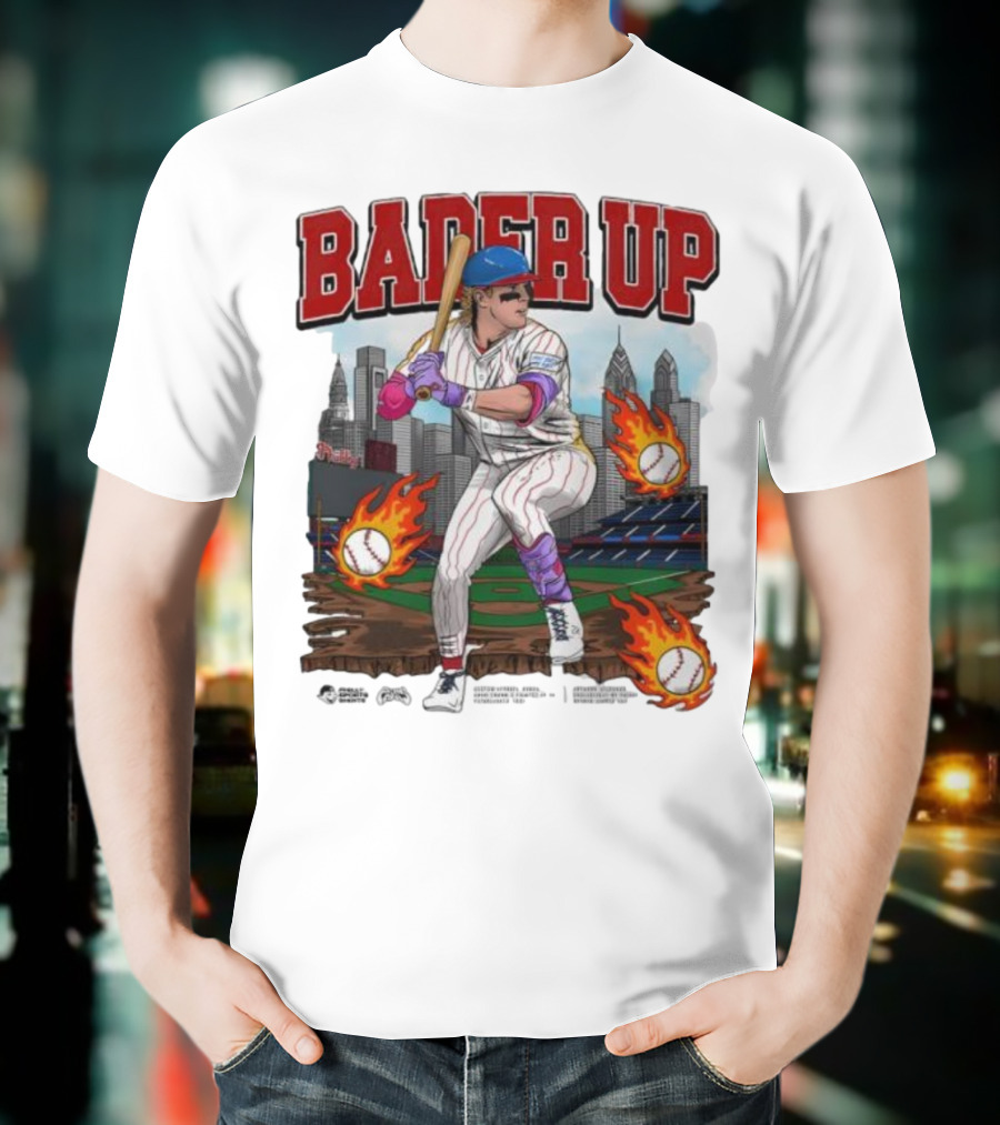 Bader Up Baseball Player Philadelphia Skyline And Flaming Baseballs T-Shirt