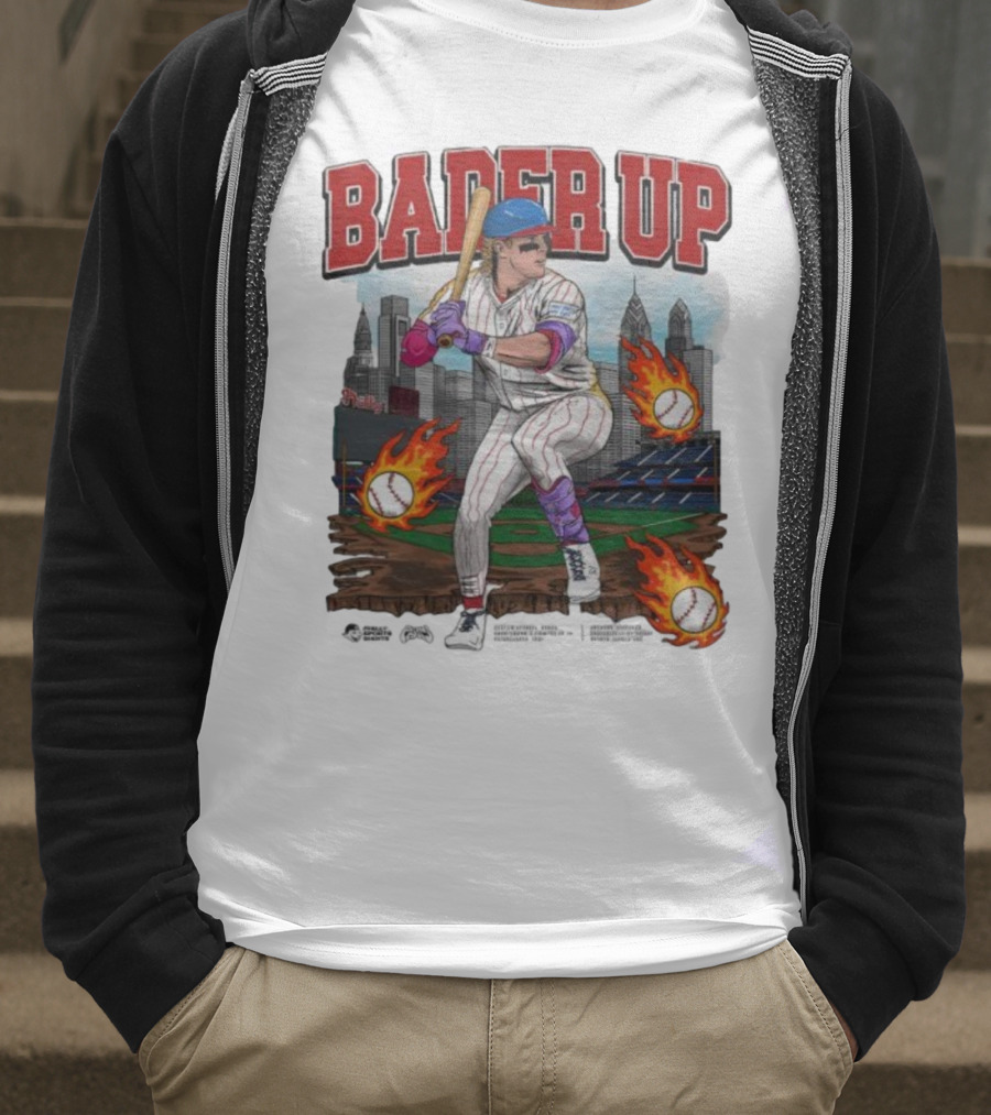 Bader Up Baseball Player Philadelphia Skyline And Flaming Baseballs T-Shirt