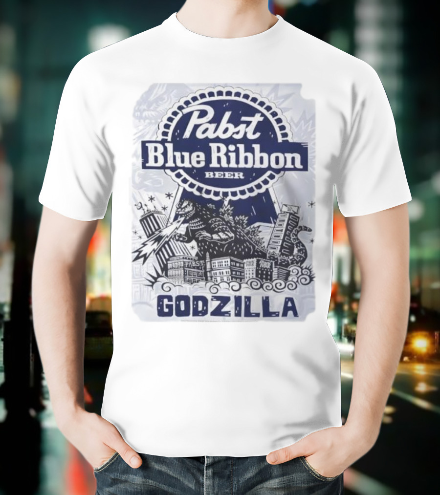 Pabst Blue Ribbon Beer Godzilla Monster Rampage Retro T-Shirt