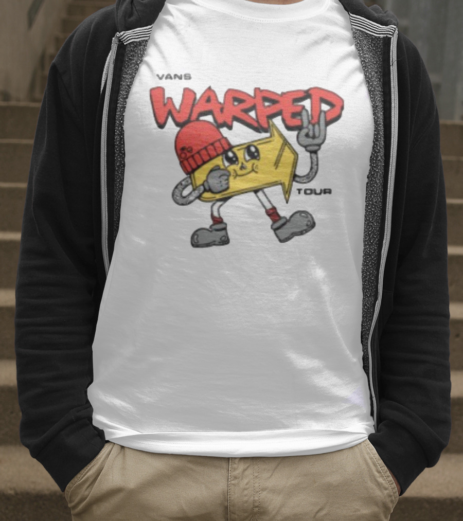 Vans Warped Tour Yellow Arrow Mascot With Red Beanie And Rock Gesture T-Shirt