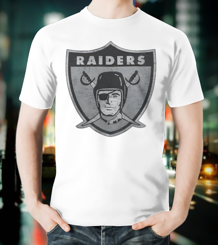 Raiders NFL Football Shield Patch Logo Silver And Black T-Shirt