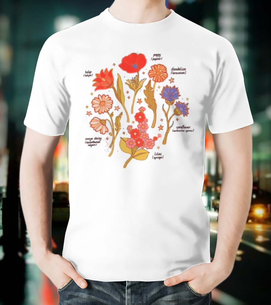Botanical Revival Tulip Poppy Daisy Cosmos Lavender Floral Arrangement T-Shirt