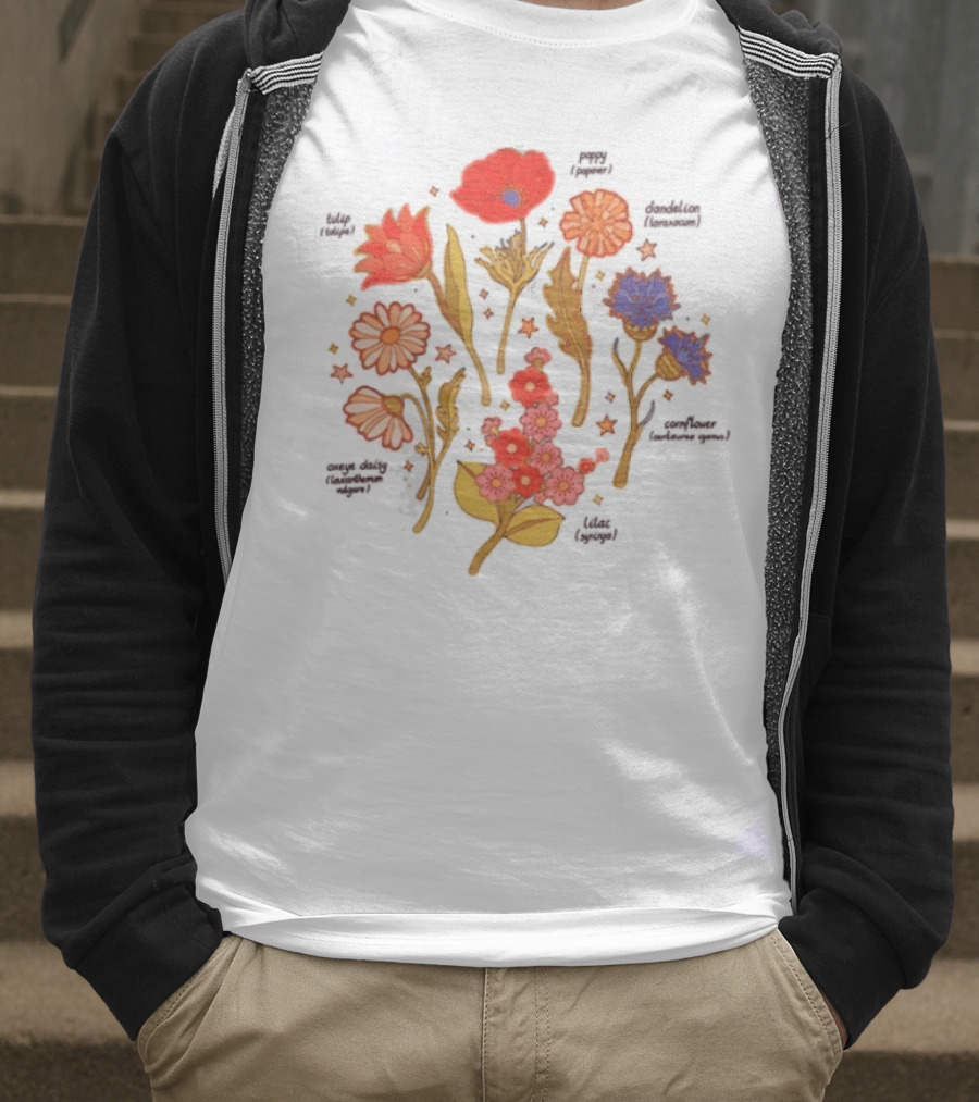 Botanical Revival Tulip Poppy Daisy Cosmos Lavender Floral Arrangement T-Shirt