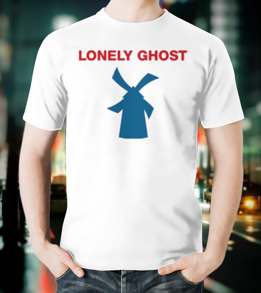 Lonely Ghost Windmill Classic Red Text Blue Silhouette T-Shirt