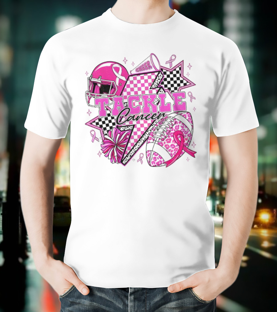 Pink Football Tackle Cancer Cheer Breast Cancer Awareness Ribbons T-Shirt