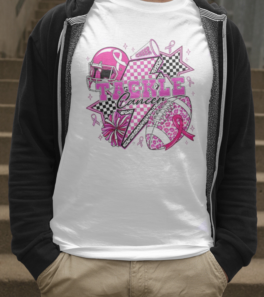 Pink Football Tackle Cancer Cheer Breast Cancer Awareness Ribbons T-Shirt