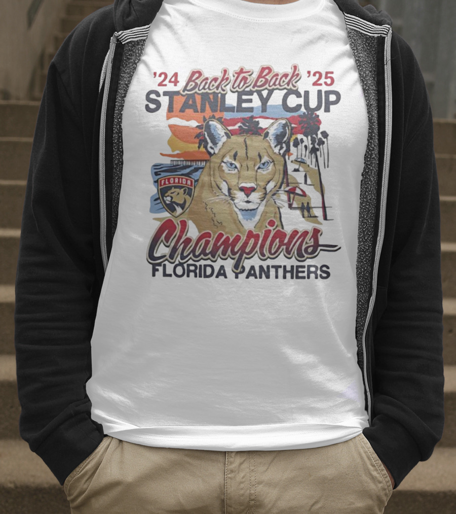 Florida Panthers Back To Back 2024 2025 Stanley Cup Champions Sunset Franklin T-Shirt
