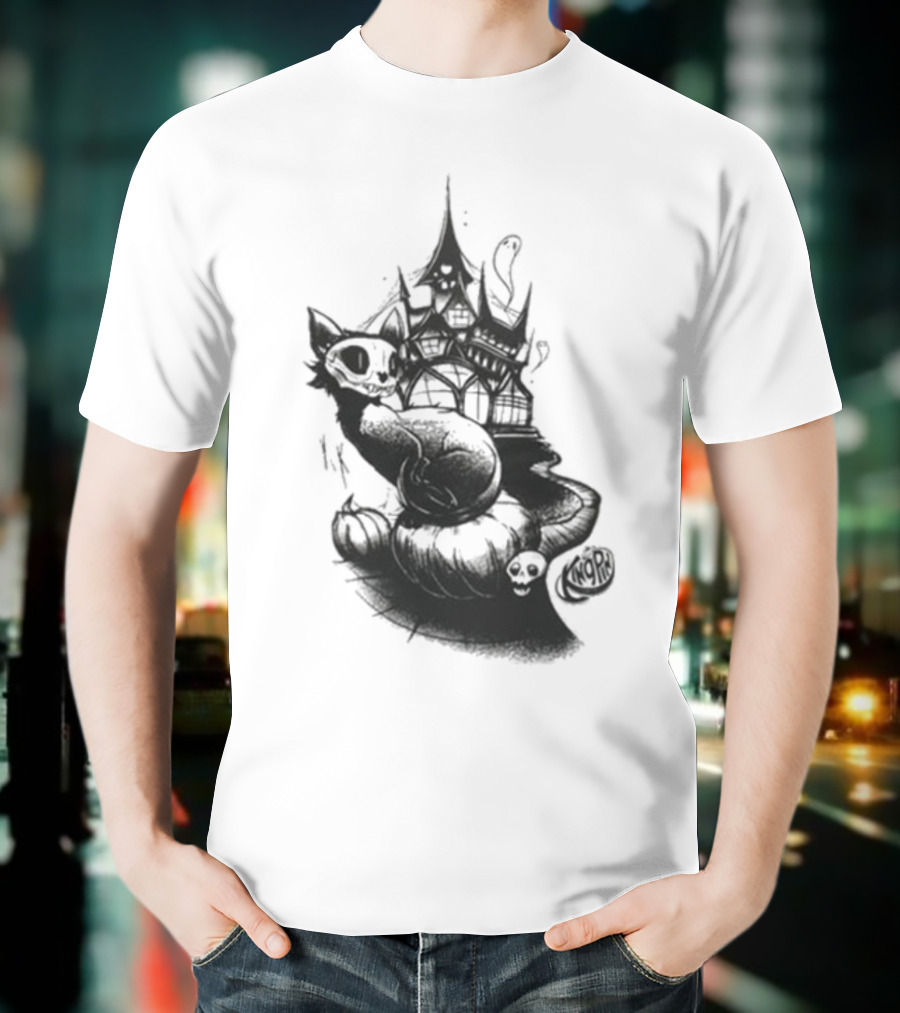 Kingpin Skelecat Haunt By Kellan Horner Ghostly Cat With Crown And Smoke T-Shirt