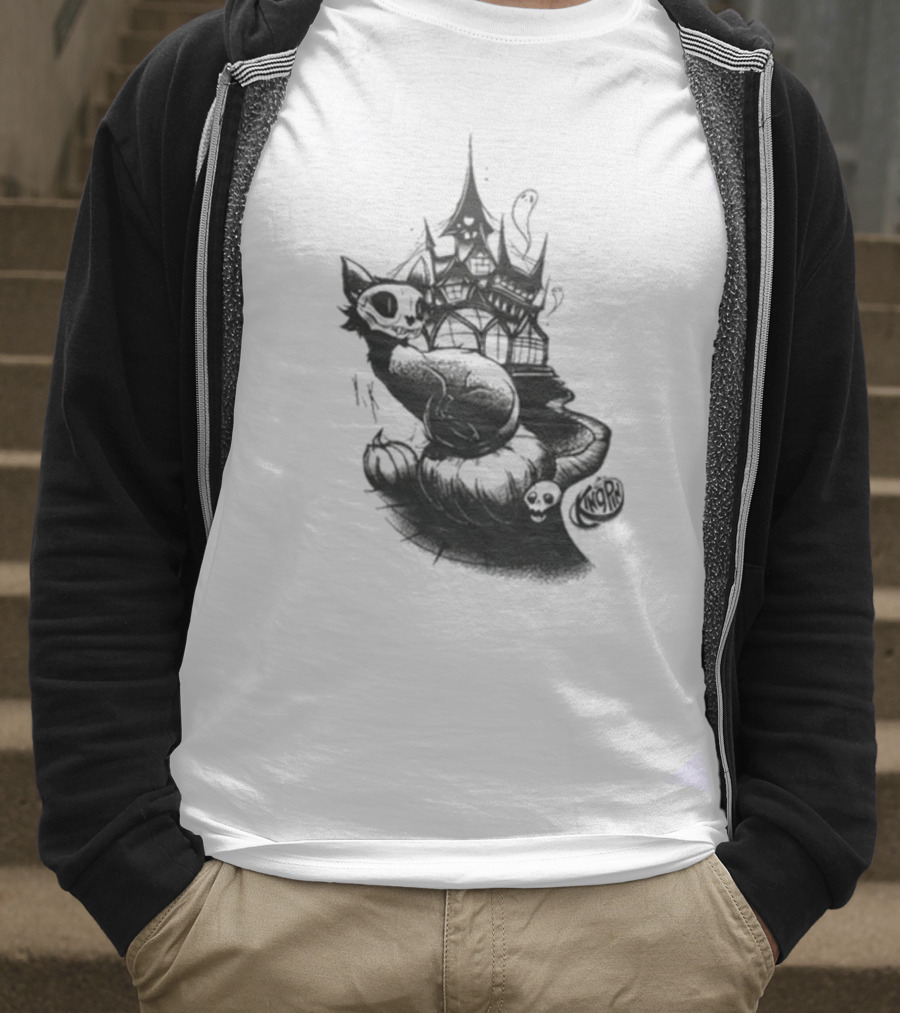 Kingpin Skelecat Haunt By Kellan Horner Ghostly Cat With Crown And Smoke T-Shirt