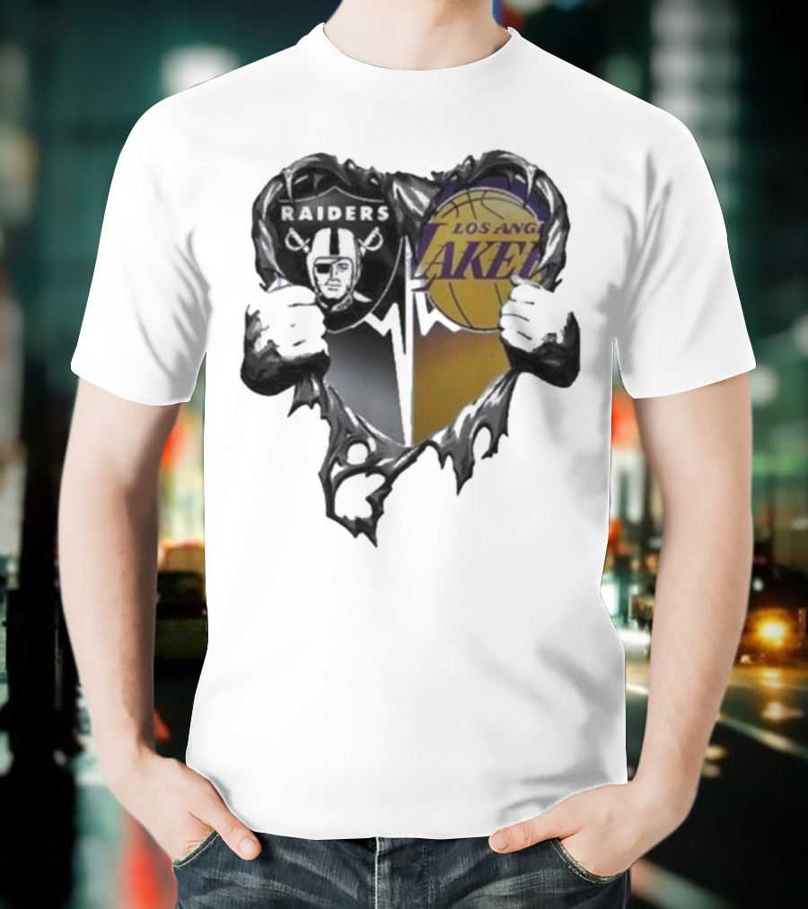 Las Vegas Raiders Los Angeles Lakers Heart Design T-Shirt