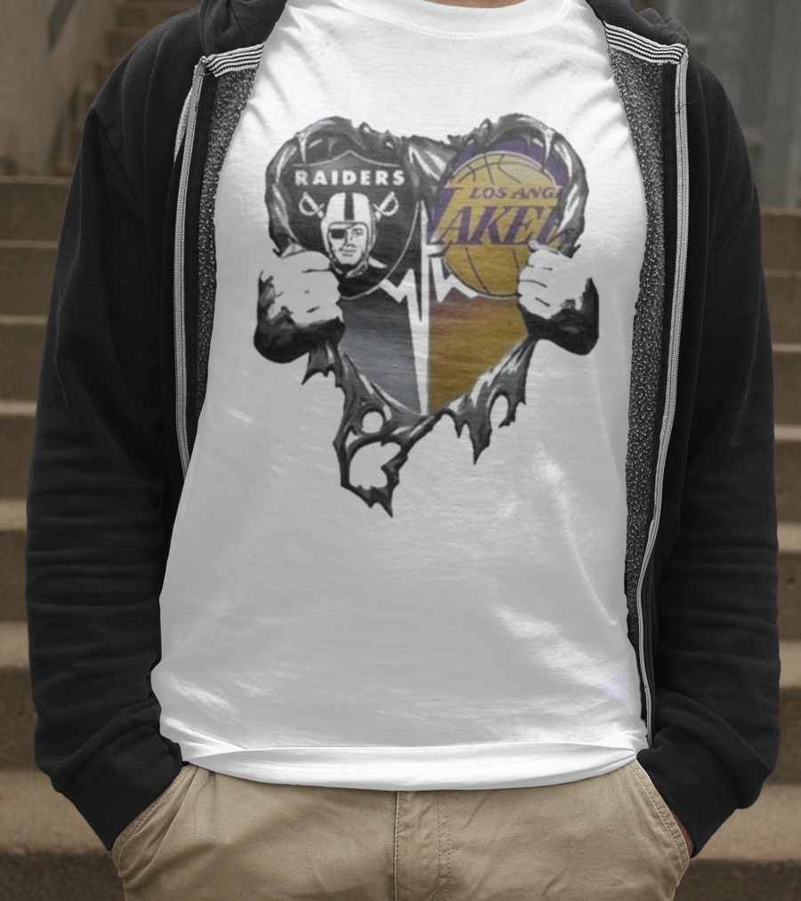 Las Vegas Raiders Los Angeles Lakers Heart Design T-Shirt