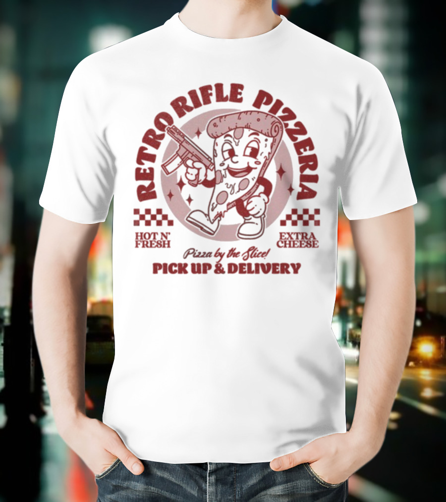 Retro Rifle Pizzeria Pick Up And Delivery Hot N Fresh Extra Cheese Pizza By The Slice T-Shirt