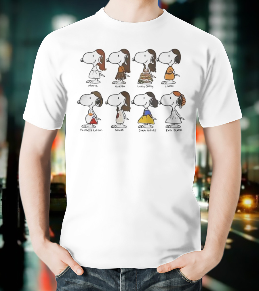 Snoopy Belle Mulan Cinderella Jasmine Ariel Pocahontas Snow White Tiana Princess Parody T-Shirt