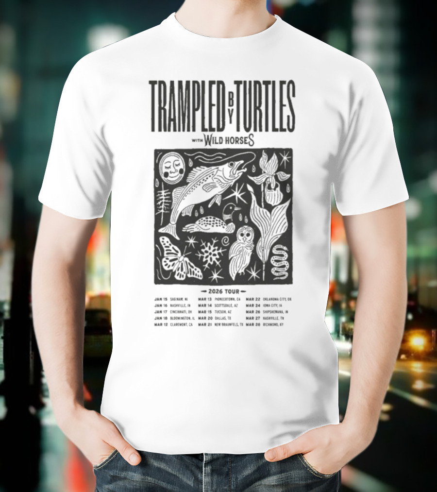 Trampled By Turtles Wild Horses 2026 Tour Dates Fish Sun Moon Flower Butterfly T-Shirt