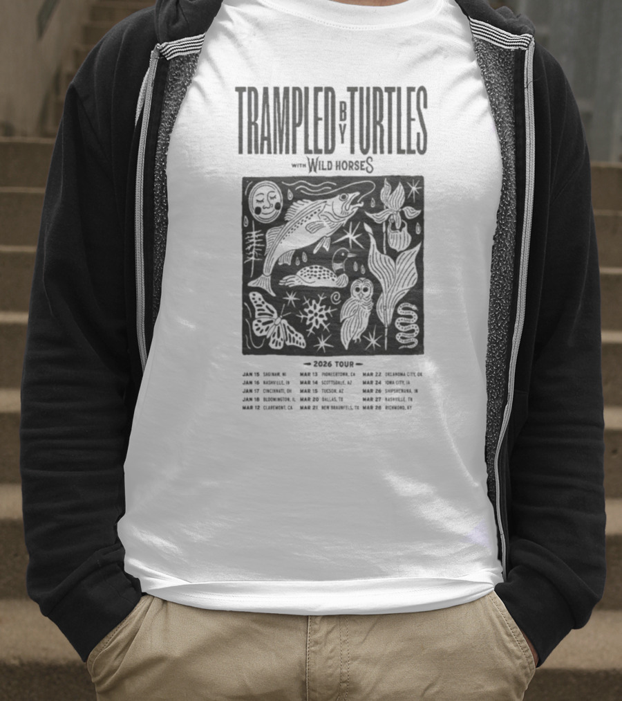 Trampled By Turtles Wild Horses 2026 Tour Dates Fish Sun Moon Flower Butterfly T-Shirt