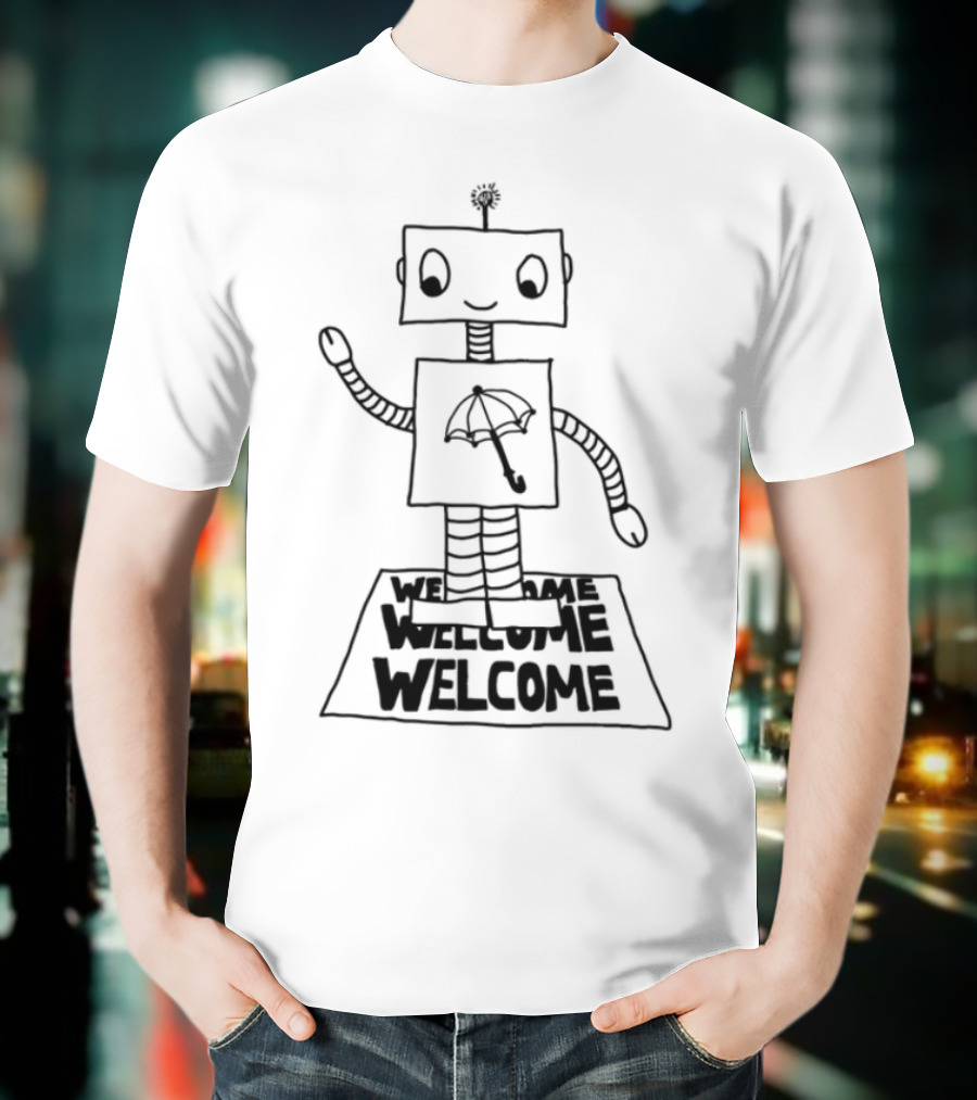 Robot Welcome Friendly Waving With Umbrella T-Shirt