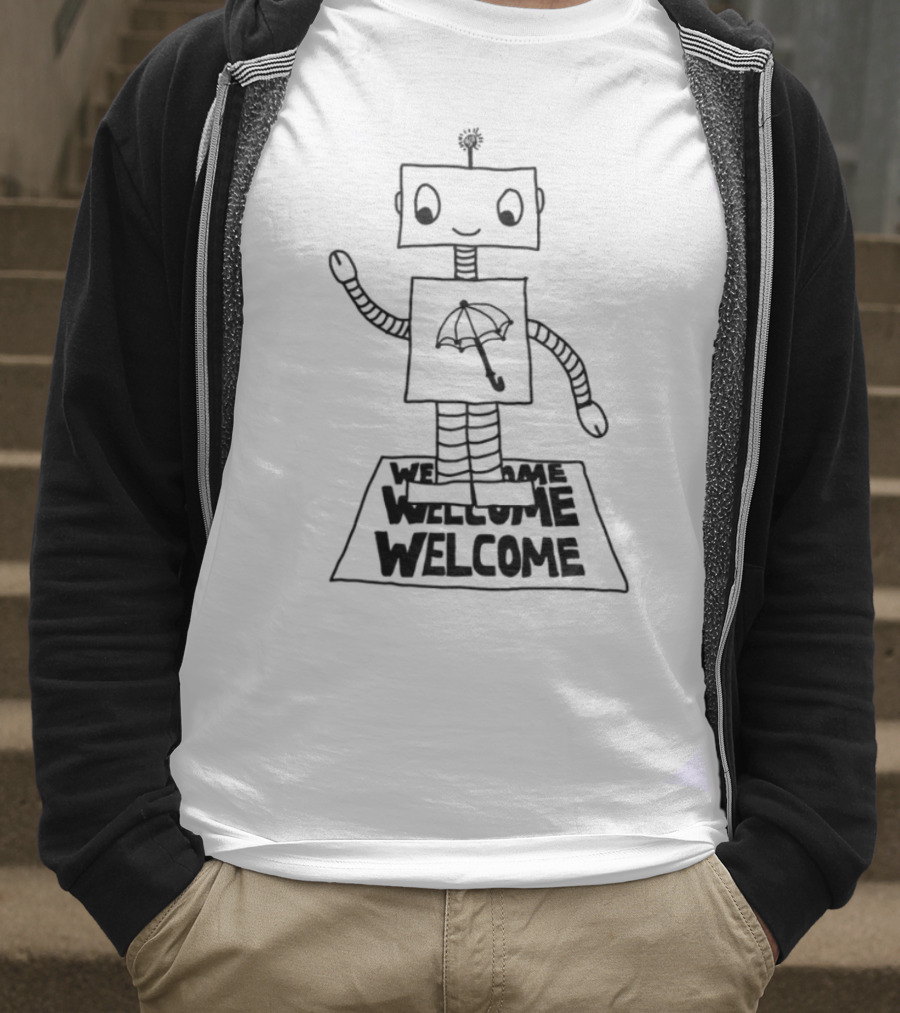 Robot Welcome Friendly Waving With Umbrella T-Shirt