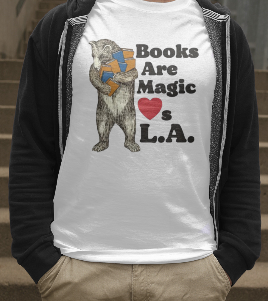 Books Are Magic Loves L.A. Bear With Books Illustration T-Shirt