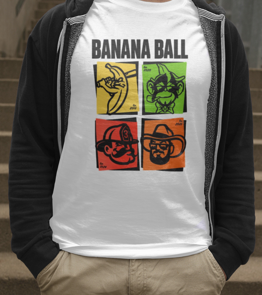 Banana Ball 2025 Cowboy Firefighter Joker Swordsman Icons Est 2016 2020 2024 2025 T-Shirt