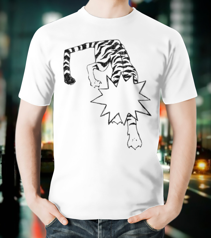 Cody Guaranteedaudio Tiger Illustration Black And White Dynamic Pouncing Feline With Bold Outline T-Shirt