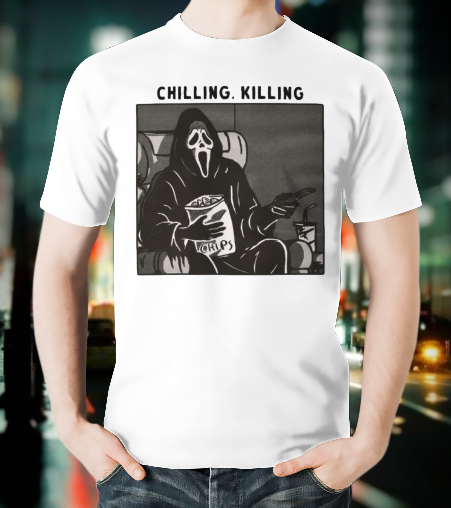 Ghost Face Chips Chilling Killing Movie Night Vibes T-Shirt