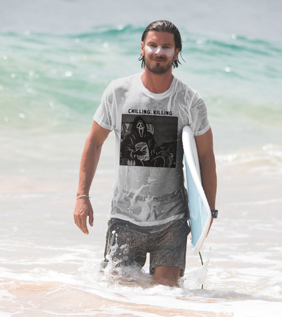 Ghost Face Chips Chilling Killing Movie Night Vibes T-Shirt