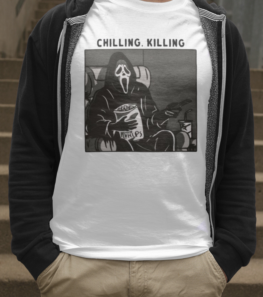 Ghost Face Chips Chilling Killing Movie Night Vibes T-Shirt