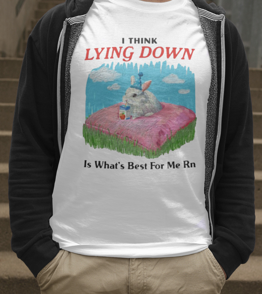 I Think Lying Down Bunny With Party Hat And Juice Box Pillow Clouds T-Shirt