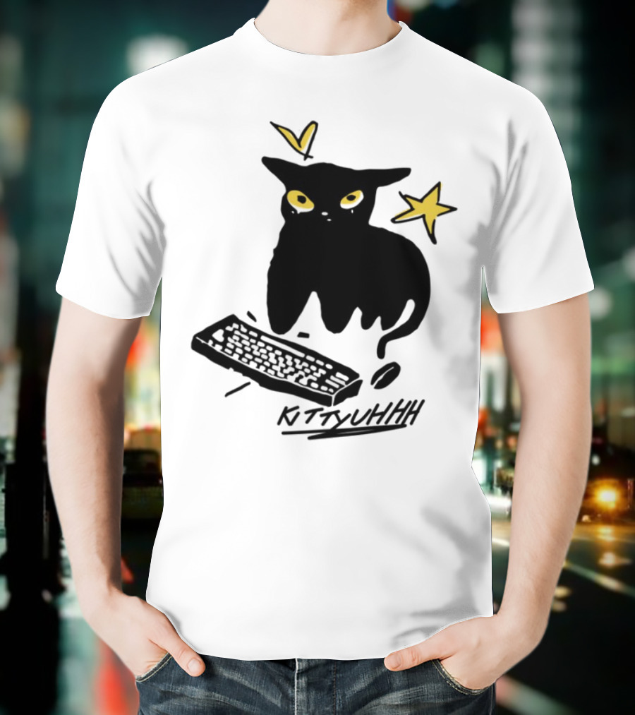 Kittyuhhh Cat At Keyboard With Yellow Eyes And Stars T-Shirt