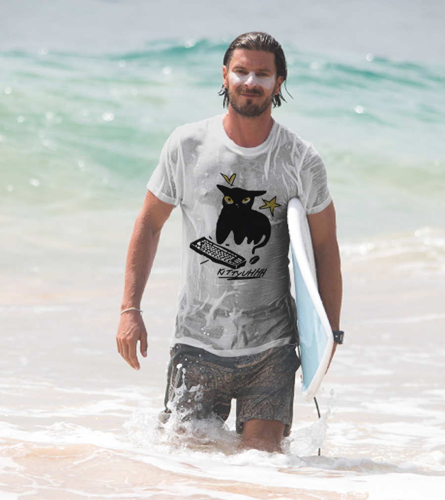 Kittyuhhh Cat At Keyboard With Yellow Eyes And Stars T-Shirt