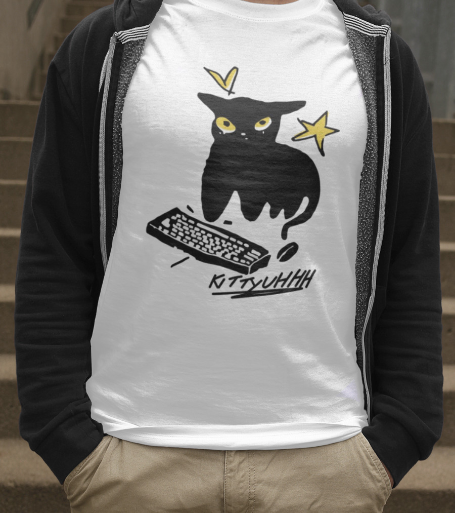 Kittyuhhh Cat At Keyboard With Yellow Eyes And Stars T-Shirt