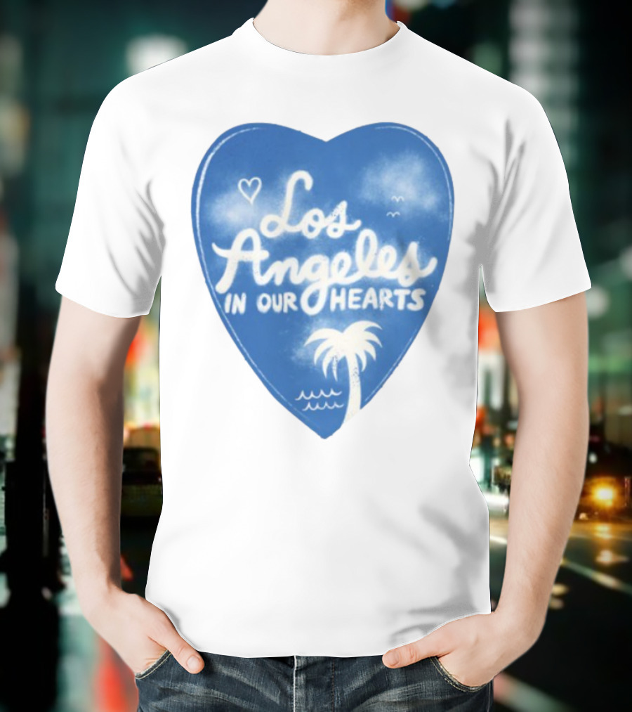 Los Angeles In Our Hearts Blue Heart With Palm Tree And Waves T-Shirt