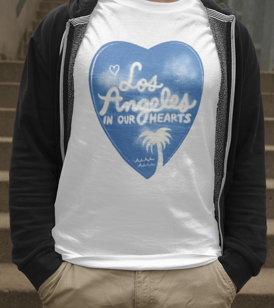 Los Angeles In Our Hearts Blue Heart With Palm Tree And Waves T-Shirt