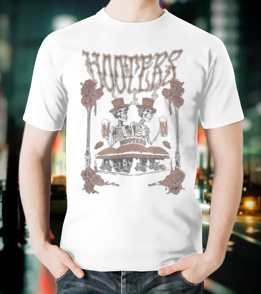 Hooters Skeletons With Top Hats And Beers Roses T-Shirt