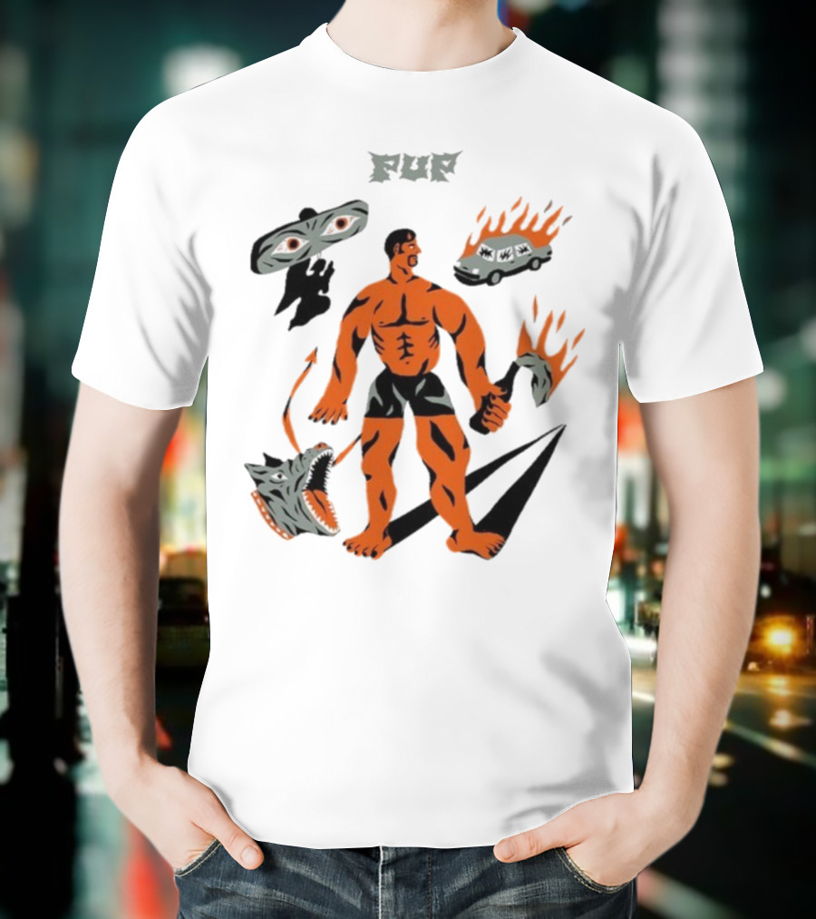 Pup Muscle Man Flaming Car And Wolf T-Shirt
