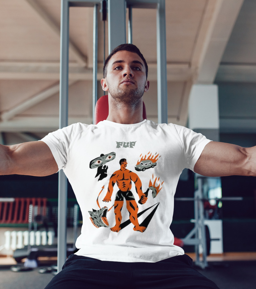 Pup Muscle Man Flaming Car And Wolf T-Shirt