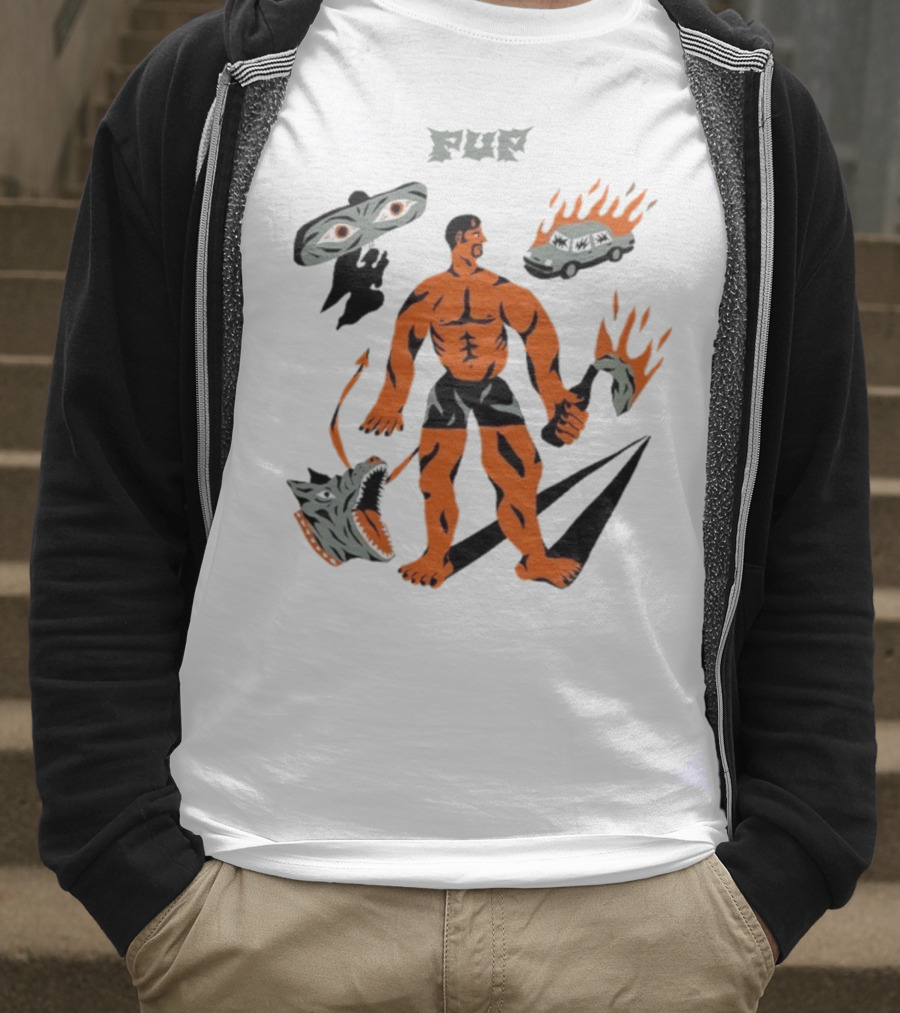 Pup Muscle Man Flaming Car And Wolf T-Shirt