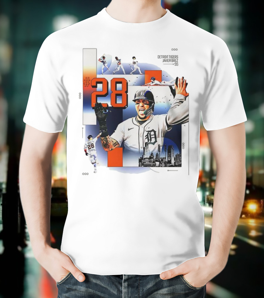 Javier Báez Detroit Tigers Number 28 Baseball Action High Five Urban Skyline T-Shirt