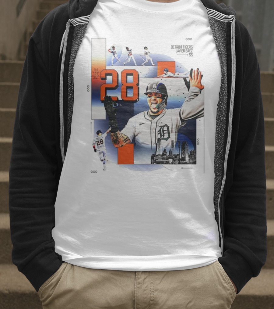 Javier Báez Detroit Tigers Number 28 Baseball Action High Five Urban Skyline T-Shirt