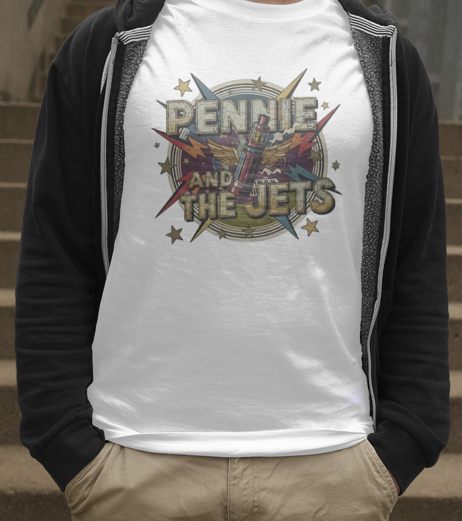 Pennie And The Jets Retro Style Music Rocket Winged Stars T-Shirt