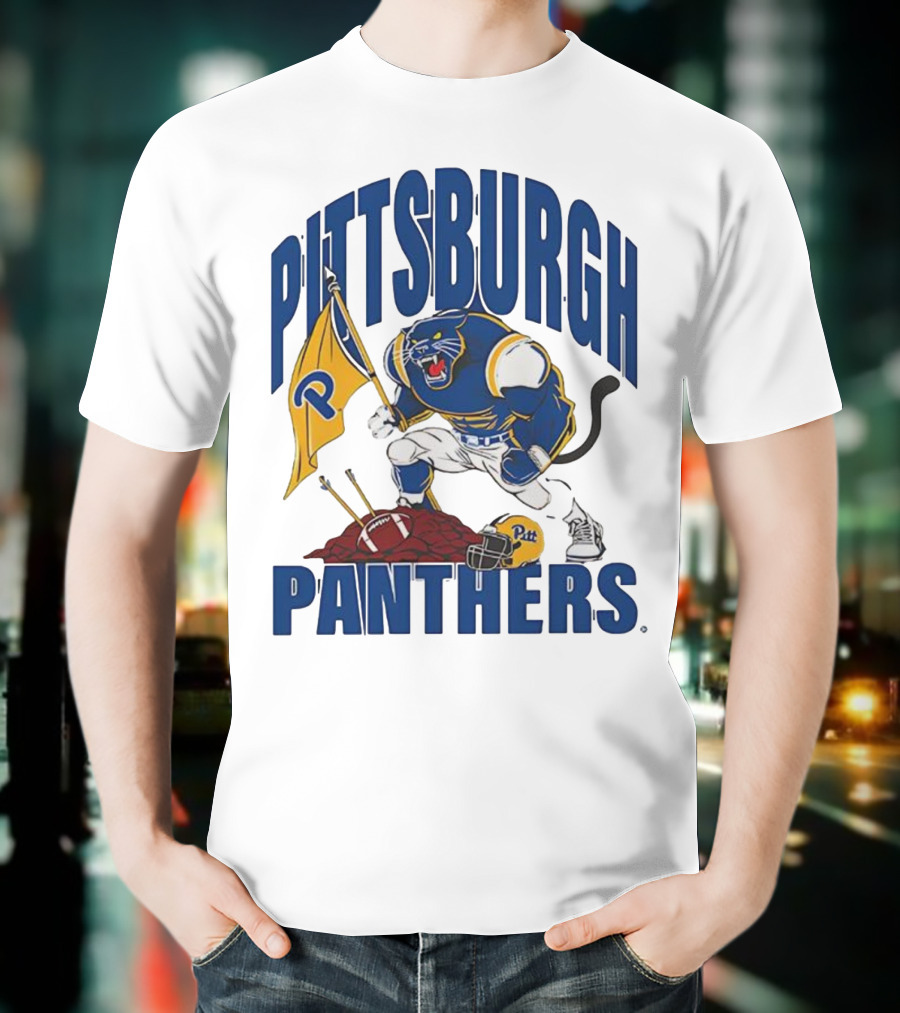 Pittsburgh Panthers Pitt Mascot Planting Flag Football Helmet T-Shirt