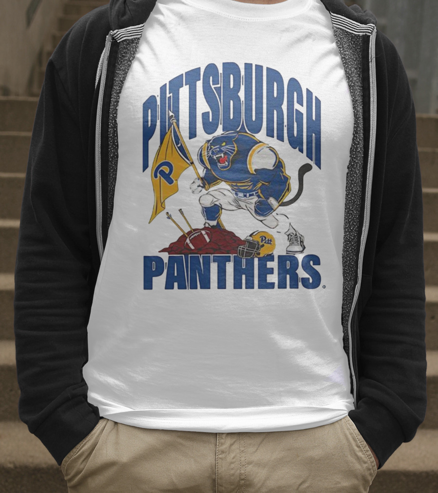Pittsburgh Panthers Pitt Mascot Planting Flag Football Helmet T-Shirt