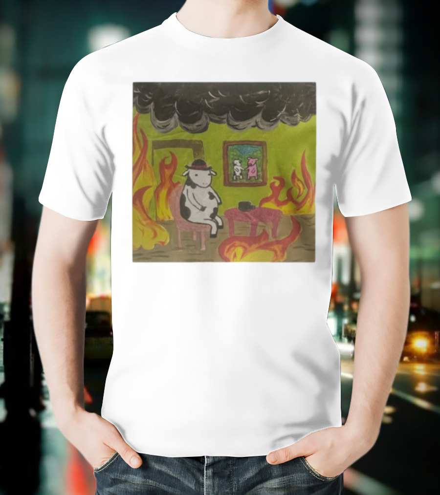 This Is Fine Cow Meme Fire Scene Surreal Humor T-Shirt