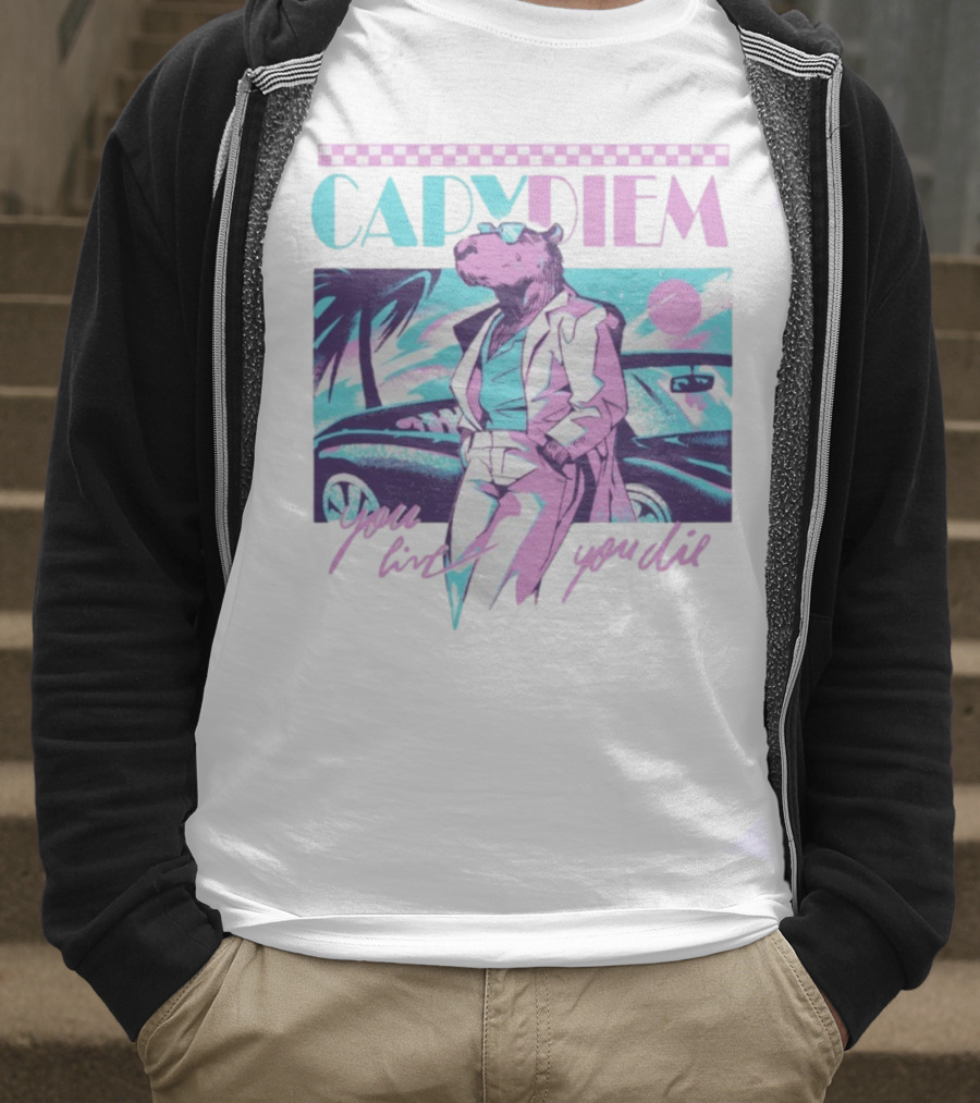 Capydiem Retro Cool Capybara You Live You Die 80s Aesthetic T-Shirt