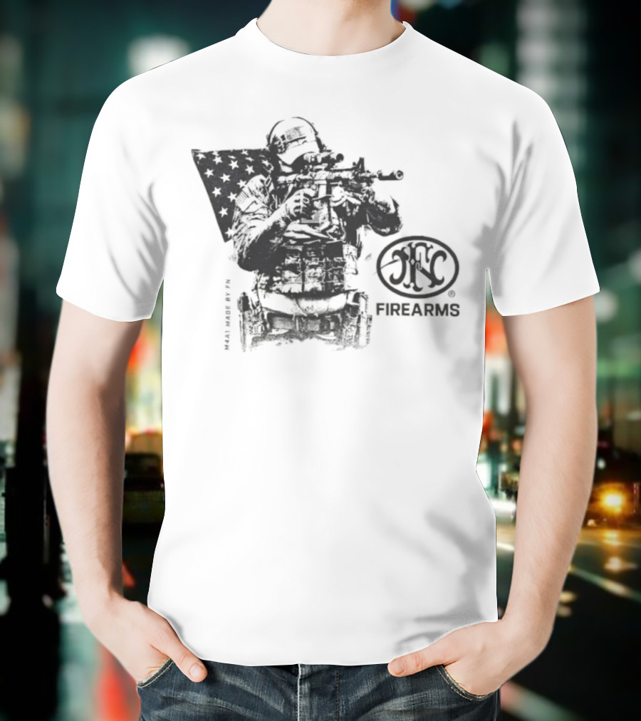 FN Herstal M4A1 Soldier Battle USA Firearms Veteran Flag Tribute T-Shirt