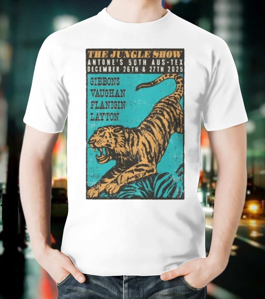 The Jungle Show Antone’s 50th Aus-Tex December 26-27 2025 Gibbons Vaughan Flanigin Layton Tiger T-Shirt